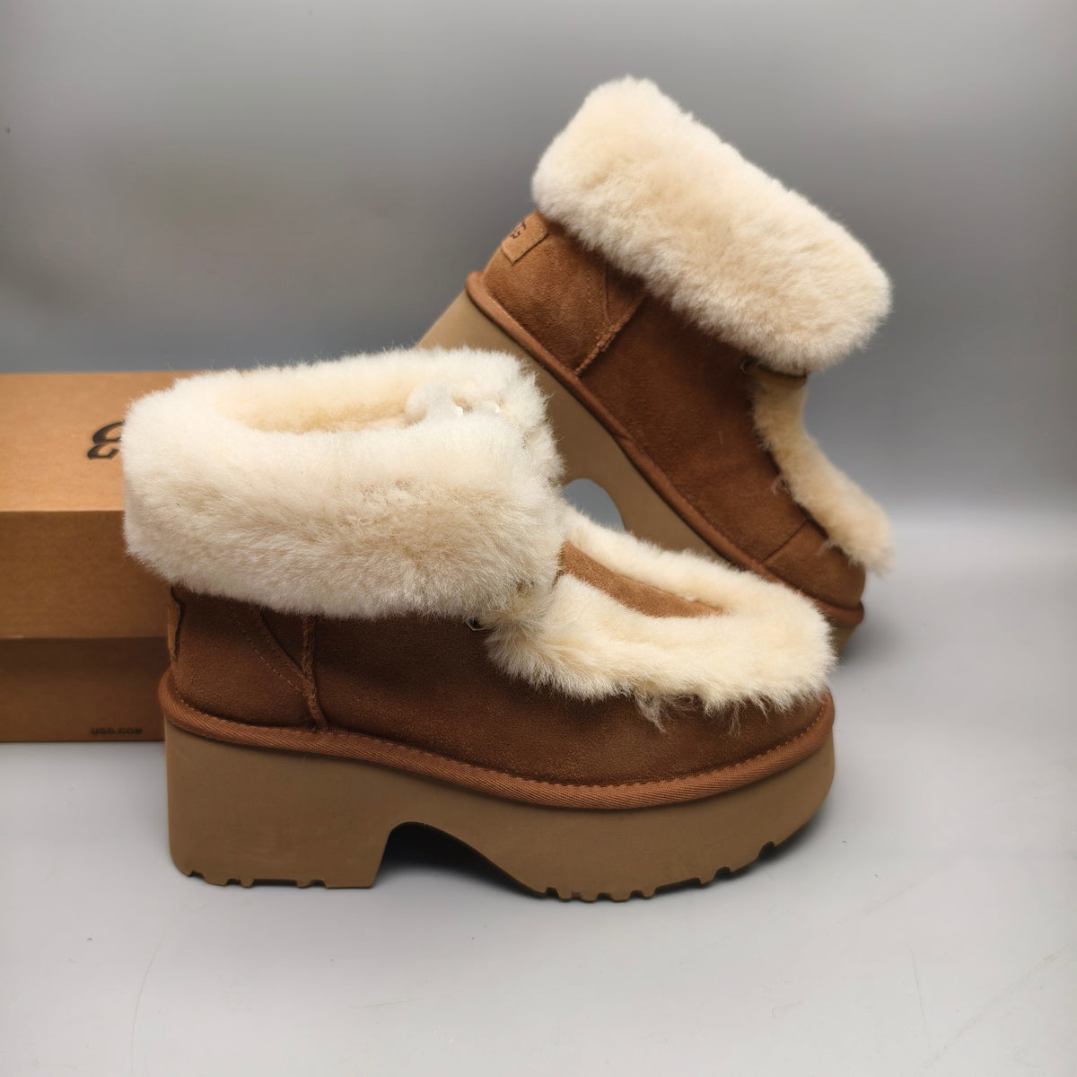 Chestnut Fluffy Lace-Up Wedge Ankle Boots — New Arrival | In Stock