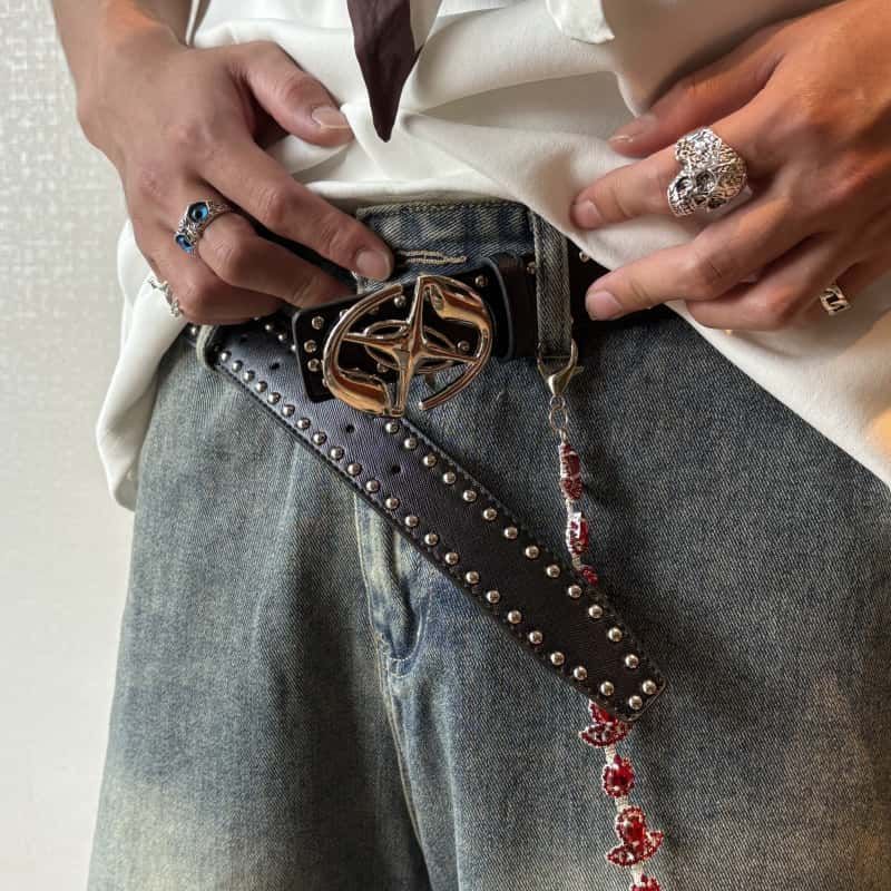 Black Vintage Belt Metal Buckle Studded Cowhide Leather Waist Belt