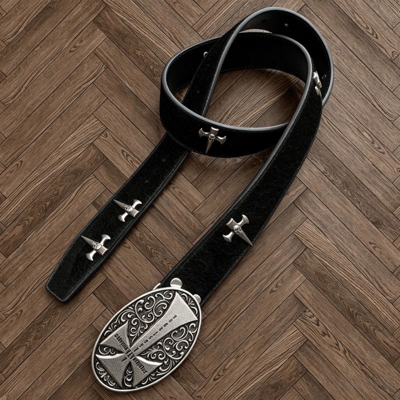 Chrome Hearts Cross Horsehair Leather Belt Gothic Metal Rivet Waist