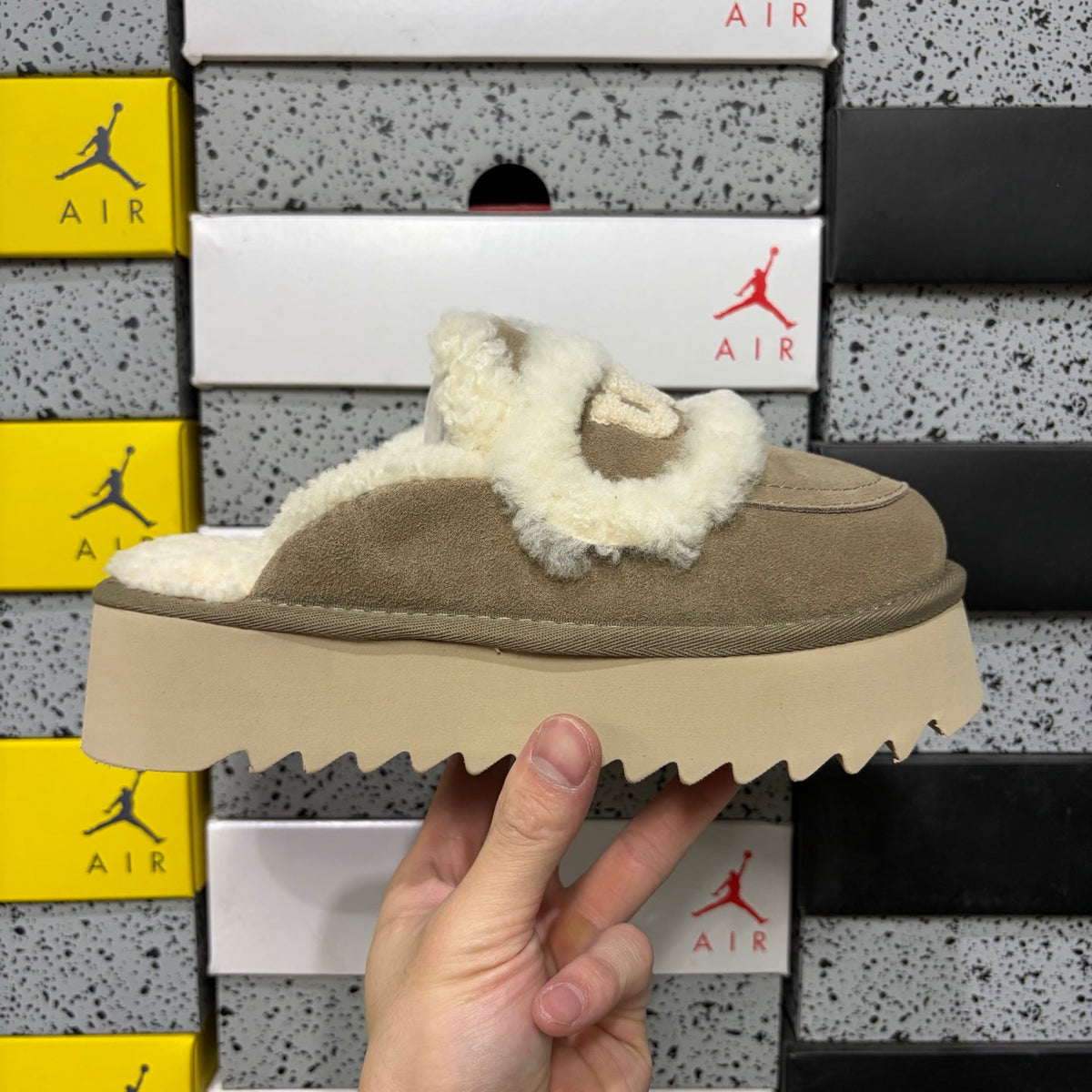UGG Scufette Women's Shearling Platform Slide – Suede Slipper with Fluffy Shearling Strap, Shearling-Lined Footbed & Chunky Serrated Platform Sole in Sand