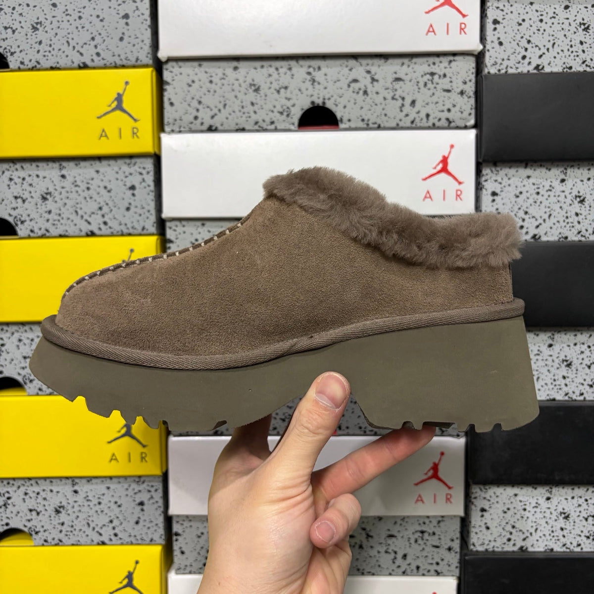 UGG Funkette Platform Clog – Women's Sherpa-Collar Suede Mule in Taupe