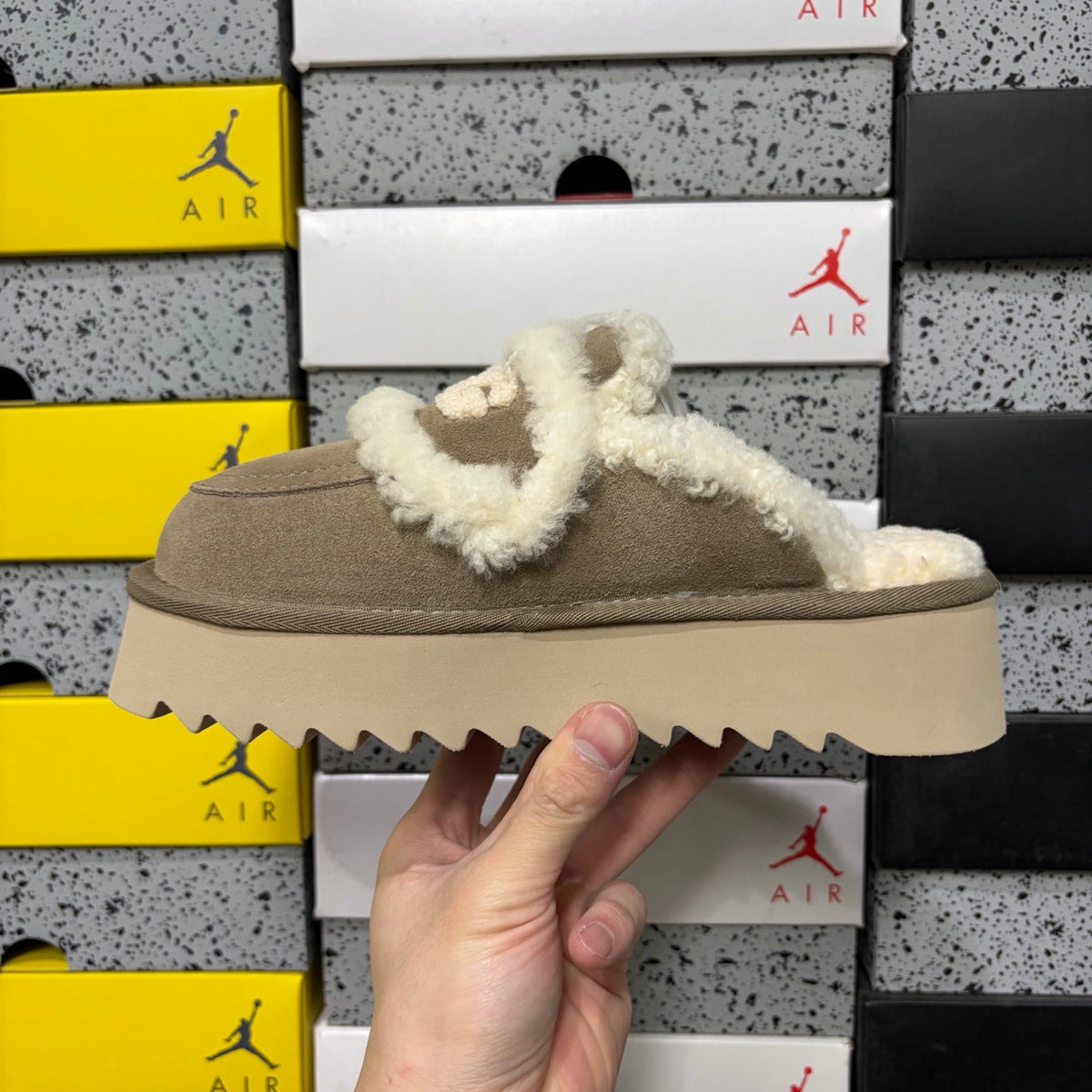 UGG Scufette Women's Shearling Platform Slide – Suede Slipper with Fluffy Shearling Strap, Shearling-Lined Footbed & Chunky Serrated Platform Sole in Sand
