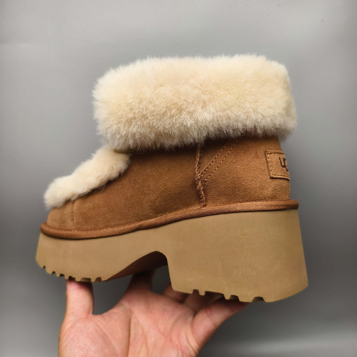 Chestnut Fluffy Lace-Up Wedge Ankle Boots — New Arrival | In Stock