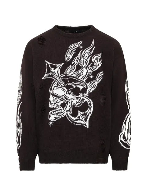THUG CLUB Chrome Skull distressed-knit sweater