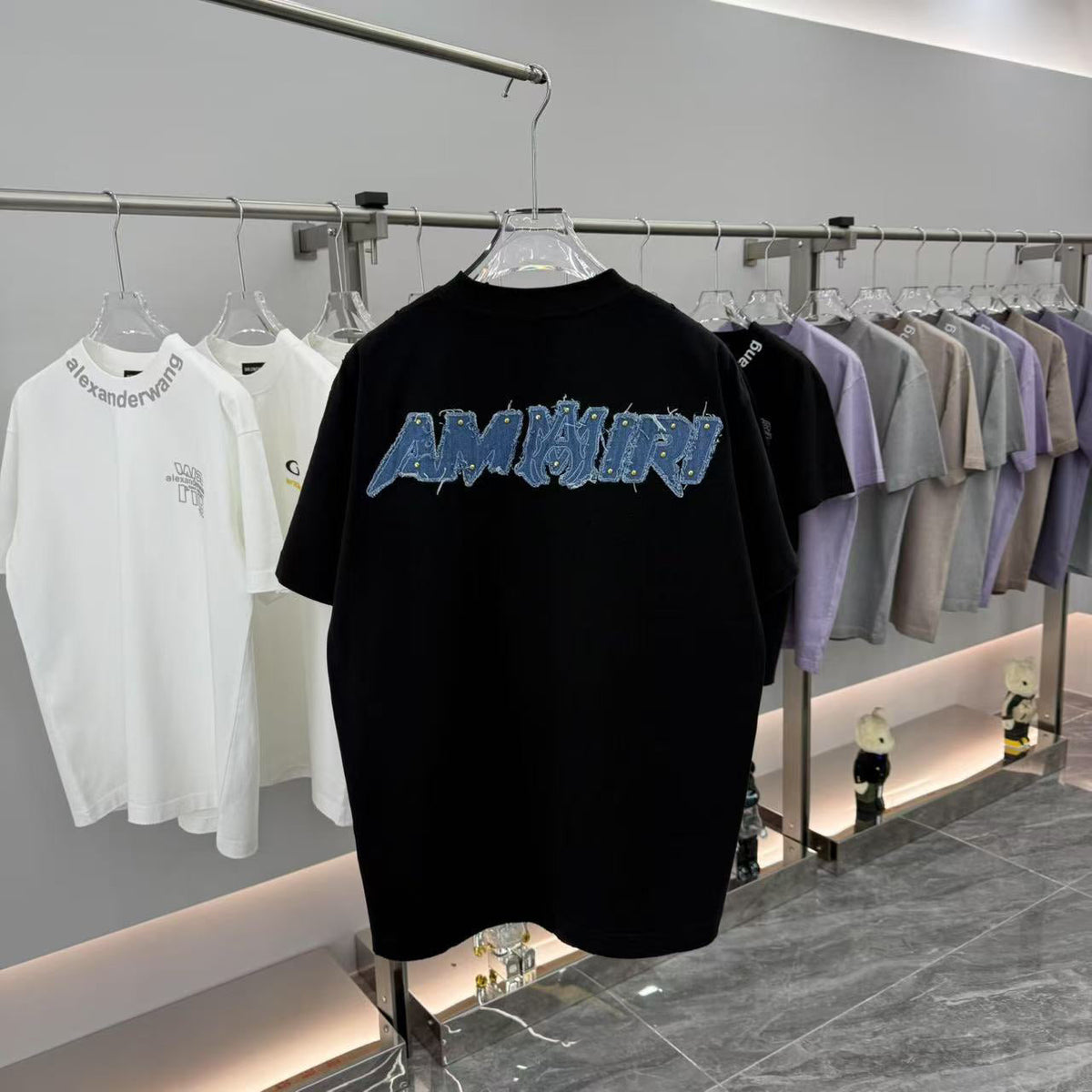 AMIRI Denim Rivet Patchwork Front & Back Graphic Crew Neck Short‑Sleeve T‑Shirt