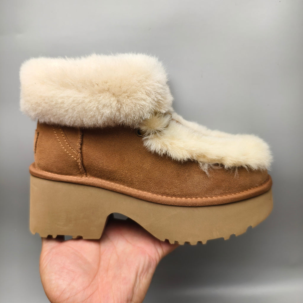 Chestnut Fluffy Lace-Up Wedge Ankle Boots — New Arrival | In Stock