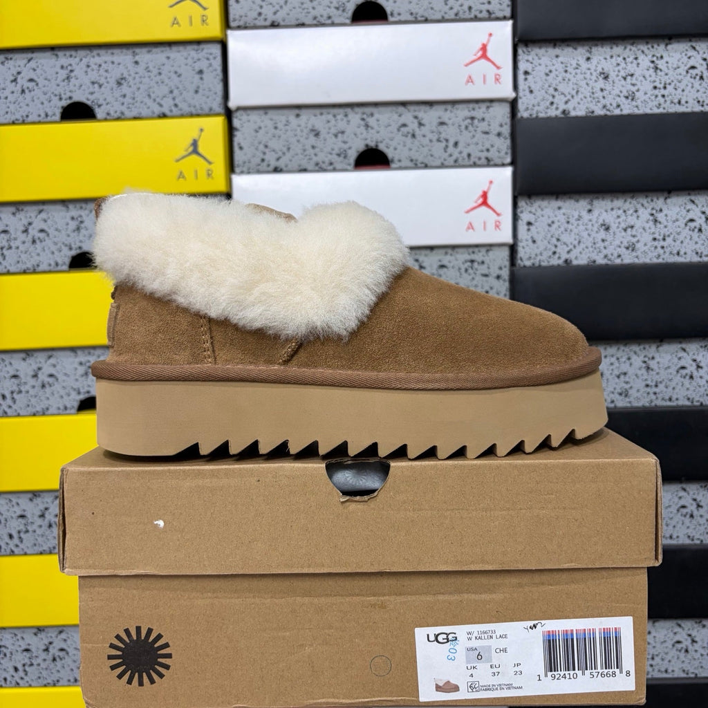 UGG Kallen Fold-Over Shearling Mule – Suede Open-Back Slipper with Cream Shearling Cuff & Chunky Lug Platform Sole in Chestnut