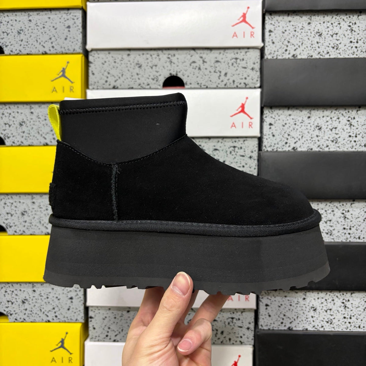 UGG Classic Mini Weather Hybrid Women's Boot – Suede & Stretch Collar Ankle Boot with Neon Yellow Pull Tab, UGG SugrSole & Weather-Resistant Construction in Black