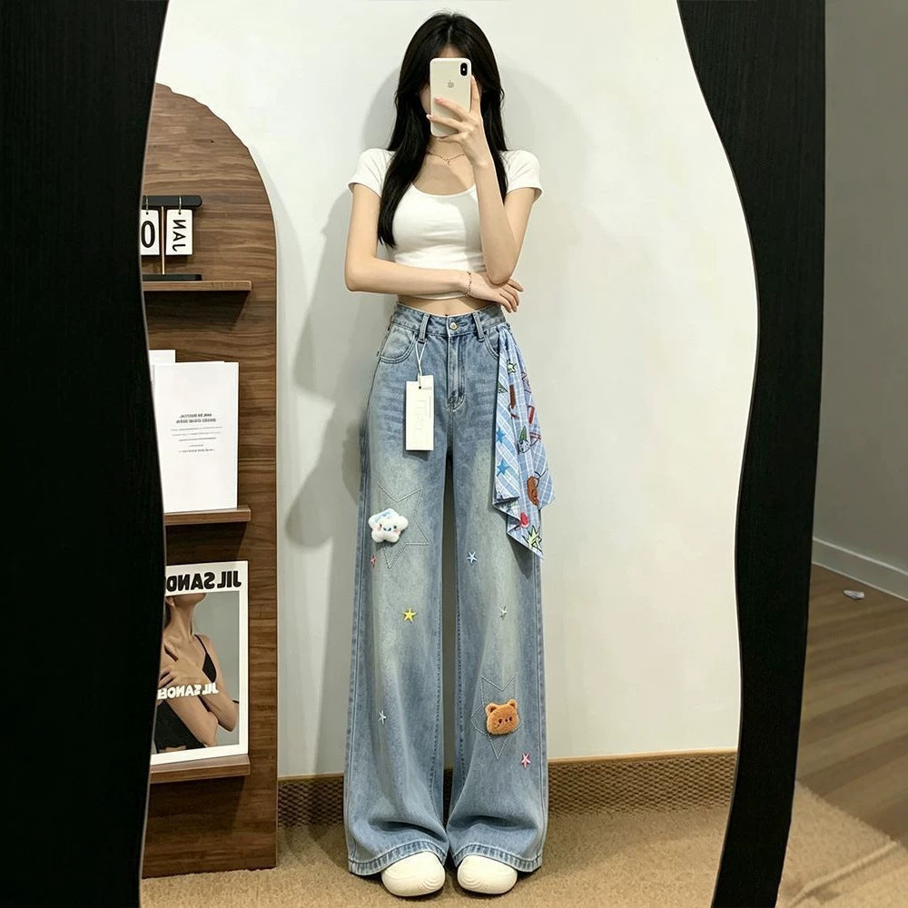 Bear Star Embroidery Scarf Decor Wide Leg High Waist Denim Jeans