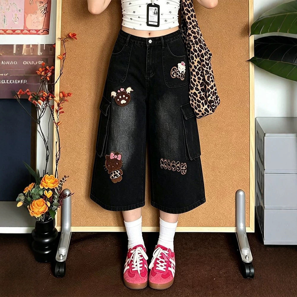 Sweet Cartoon Patch Cargo Cropped Wide Leg Black Denim Capri Pants
