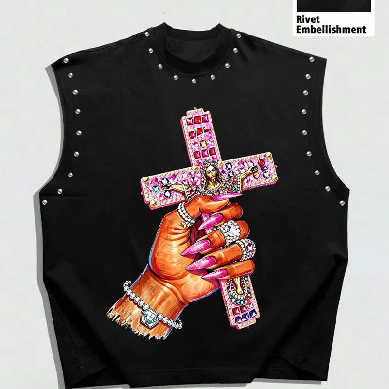 Number Graphic Rivet Sleeveless Loose Vest Top Women