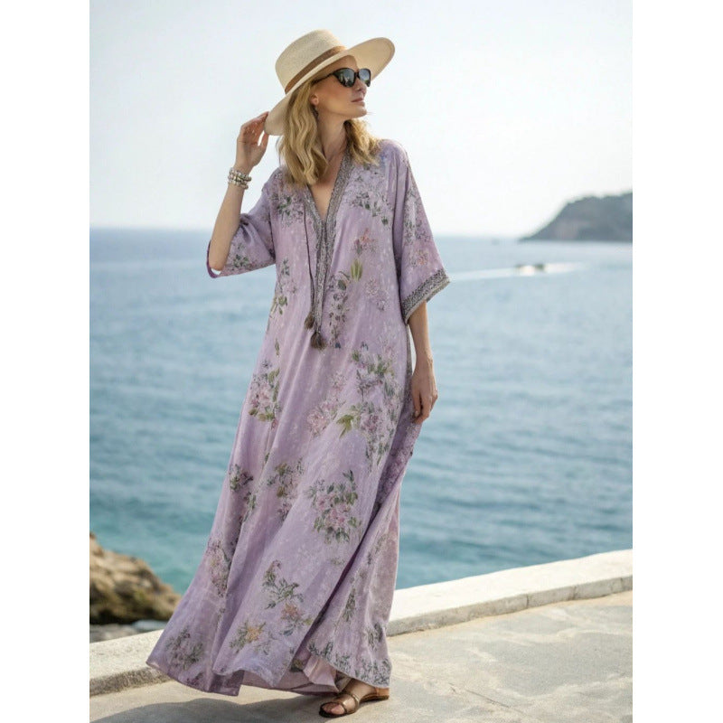 Women's Boho Floral Border-Print V-Neck Maxi Kaftan Cover-Up