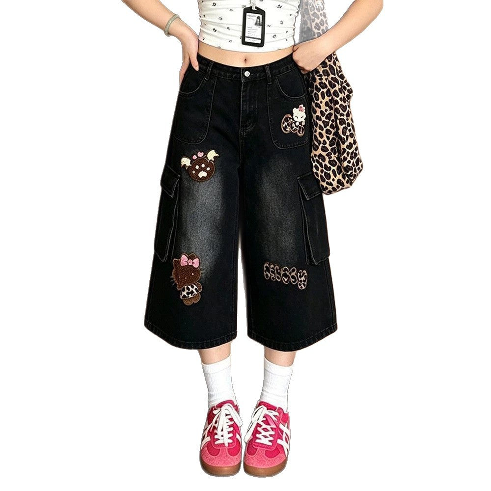 Sweet Cartoon Patch Cargo Cropped Wide Leg Black Denim Capri Pants
