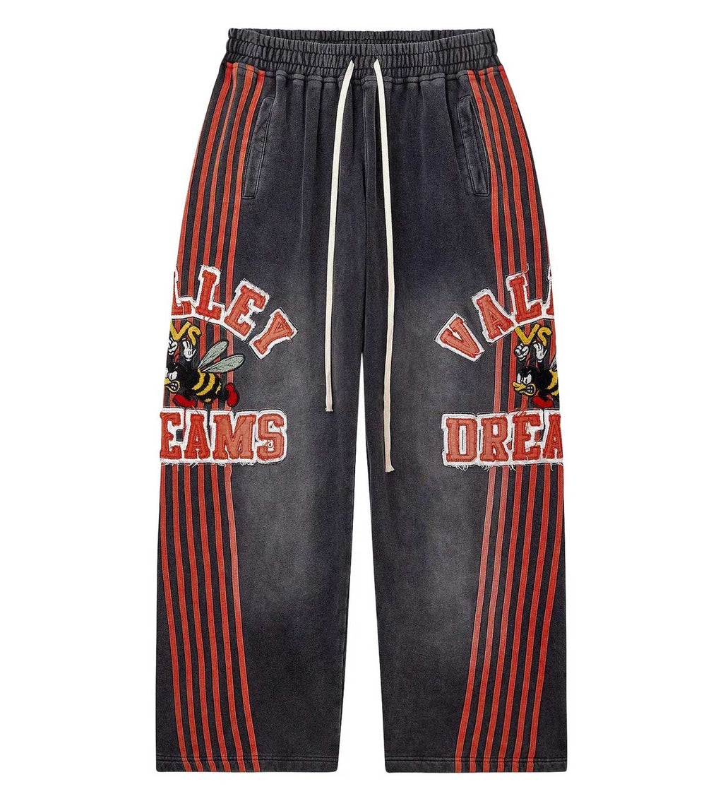 Vale Forever Black Cartoon Logo Striped Wide Leg Sweatpants