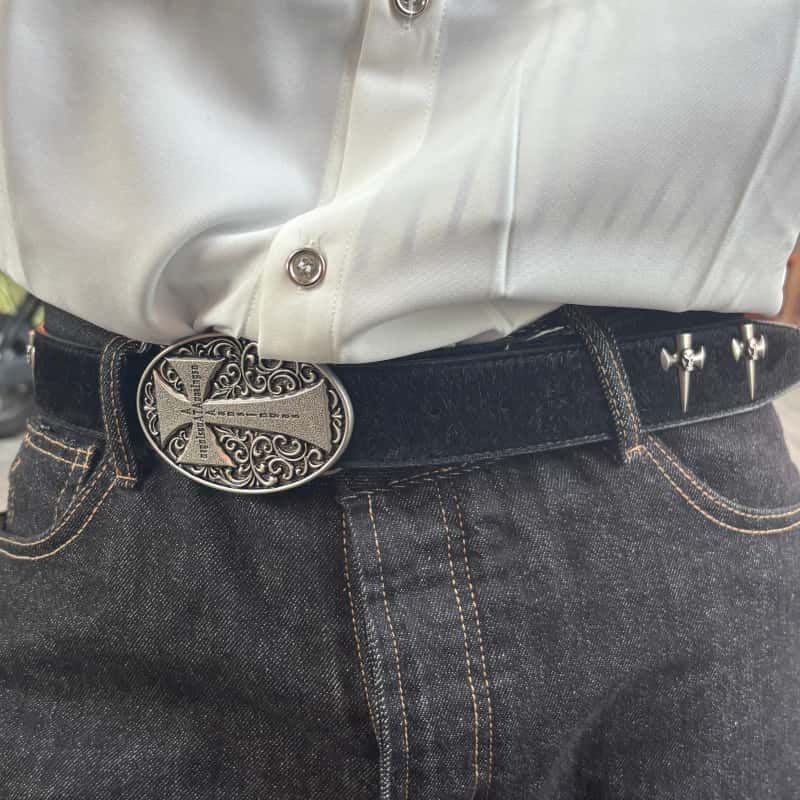 Chrome Hearts Cross Horsehair Leather Belt Gothic Metal Rivet Waist