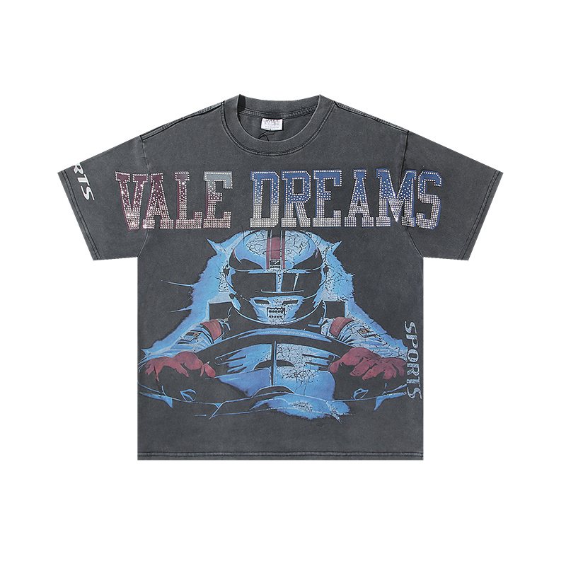 VALE USA Rhinestone Football Graphic Washed T-Shirt