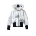 White Hooded Bomber Jacket with Pom-Poms and Black Ribbed Trim