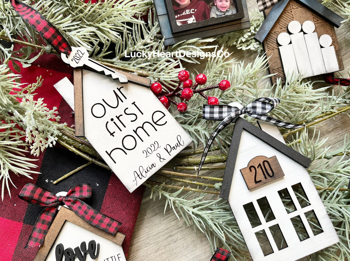 Christmas Houses Ornament File SVG, Glowforge Shiplap Farmhouse, LuckyHeartDesignsCo