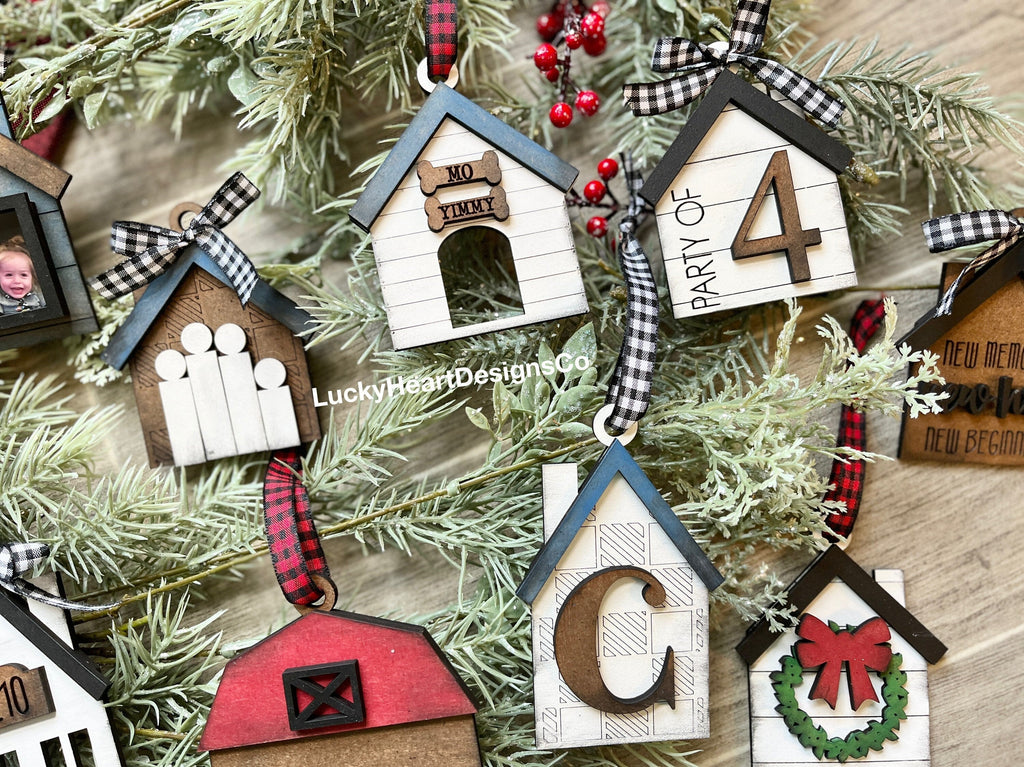 Christmas Houses Ornament File SVG, Glowforge Shiplap Farmhouse, LuckyHeartDesignsCo