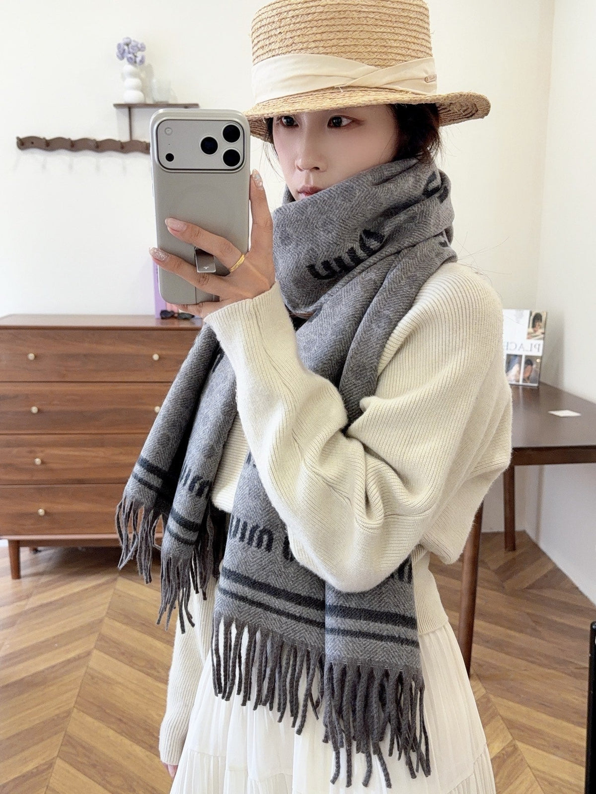 Miu Miu Style All-Over Logo Fringe Scarf