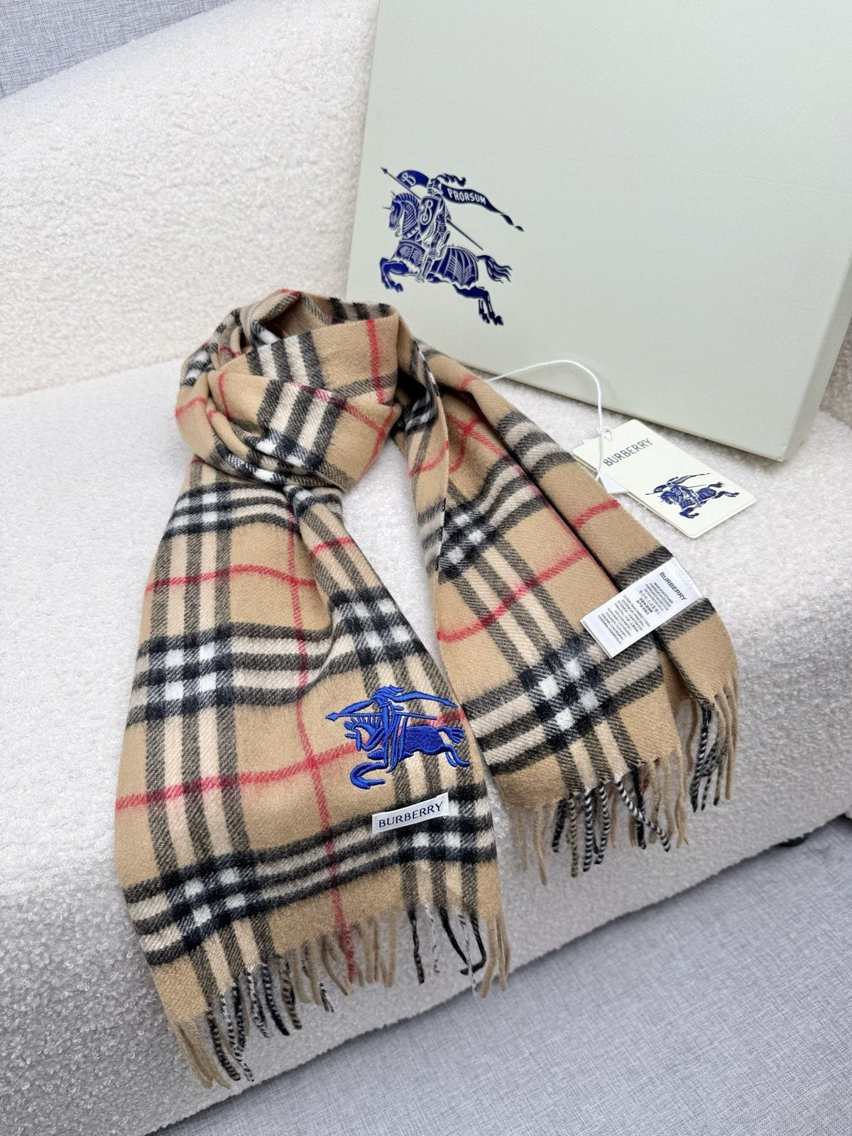 Burberry Beige Check Fringed Scarf