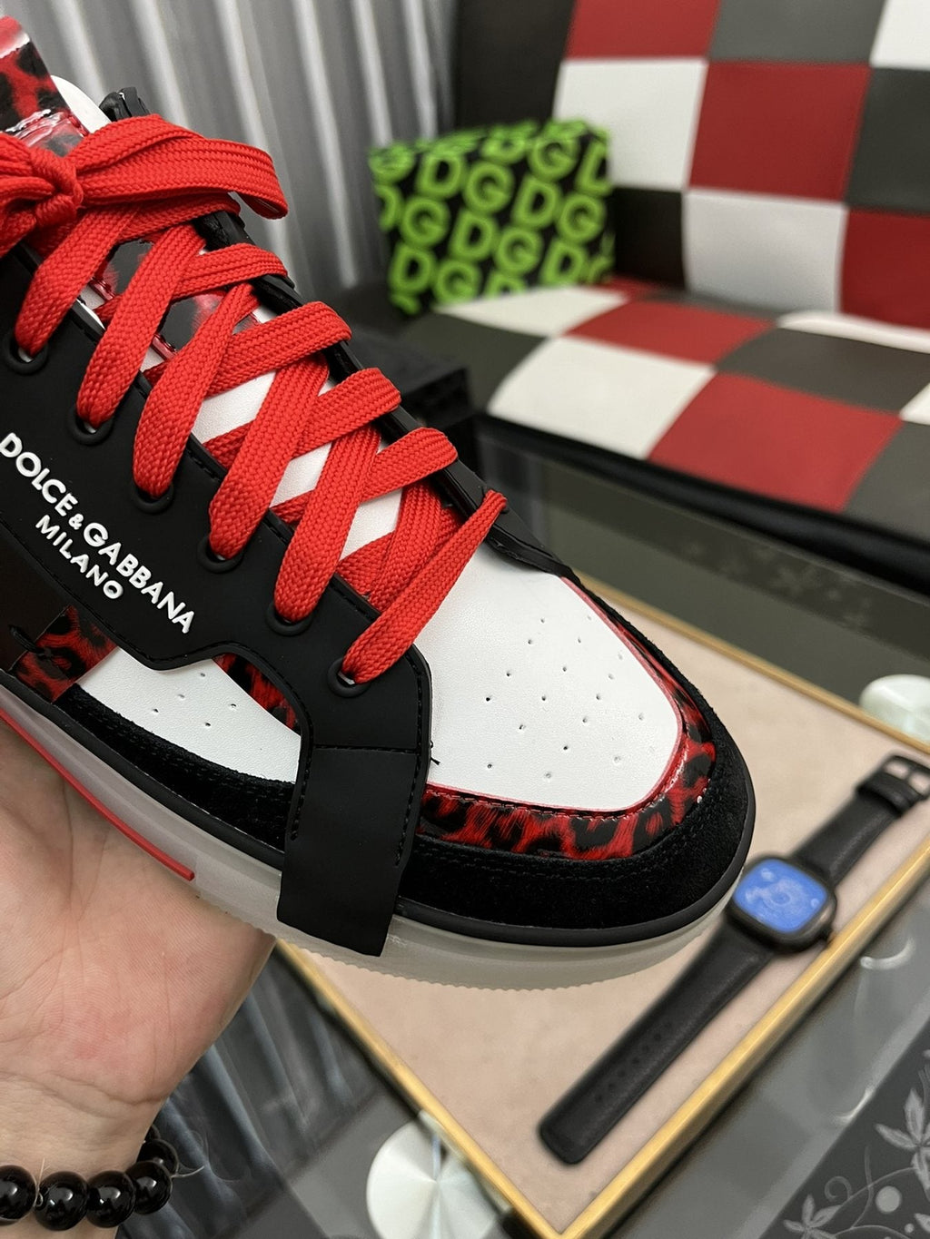 Dolce & Gabbana Men's Red-Lace Low-Top Sneakers