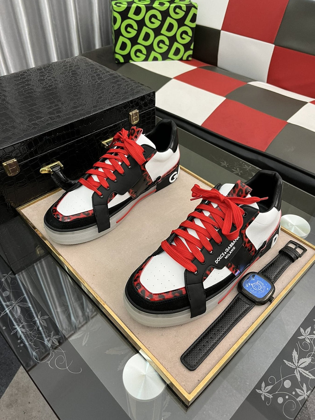 Dolce & Gabbana Men's Red-Lace Low-Top Sneakers