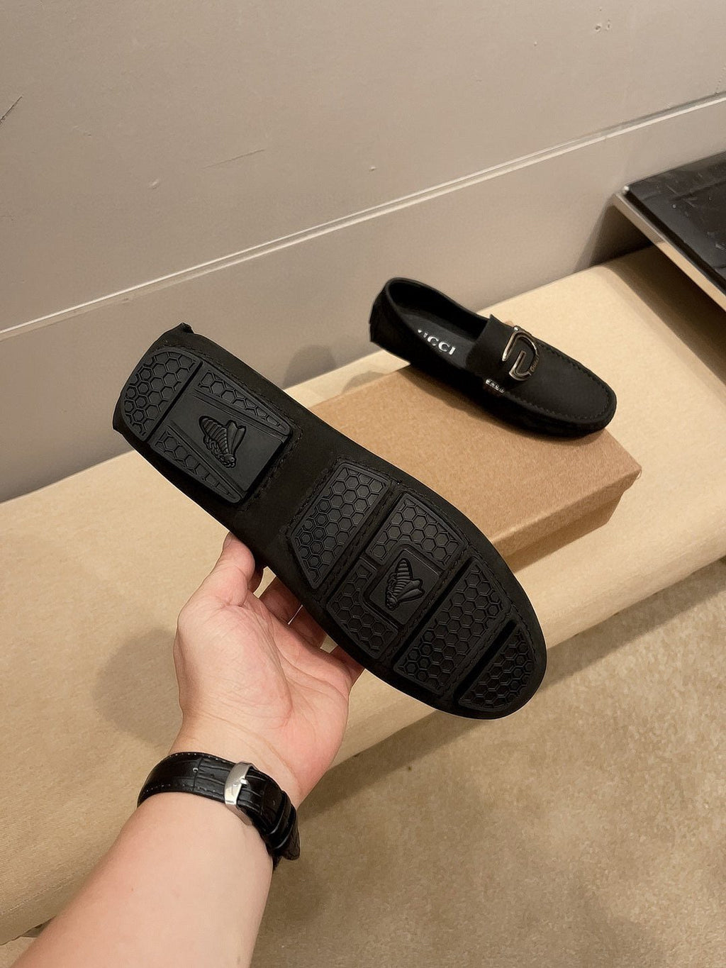 Gucci Men's Black Metal-Detail Loafers - Driving-Style Rubber Sole