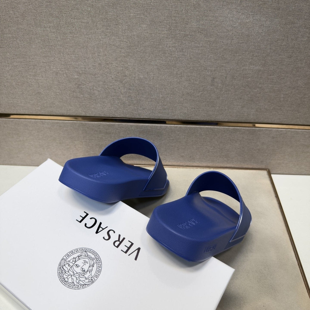 Versace Blue Raised Emblem Slide Sandals