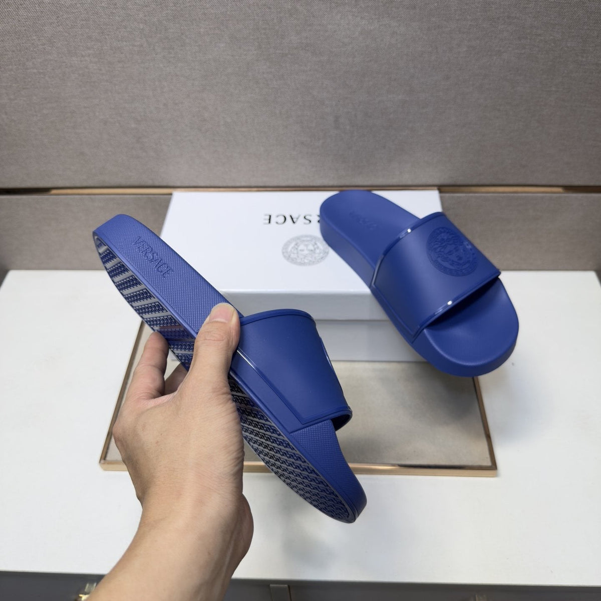 Versace Blue Raised Emblem Slide Sandals