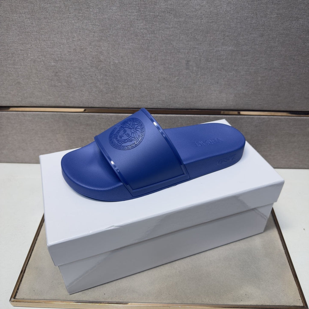 Versace Blue Raised Emblem Slide Sandals