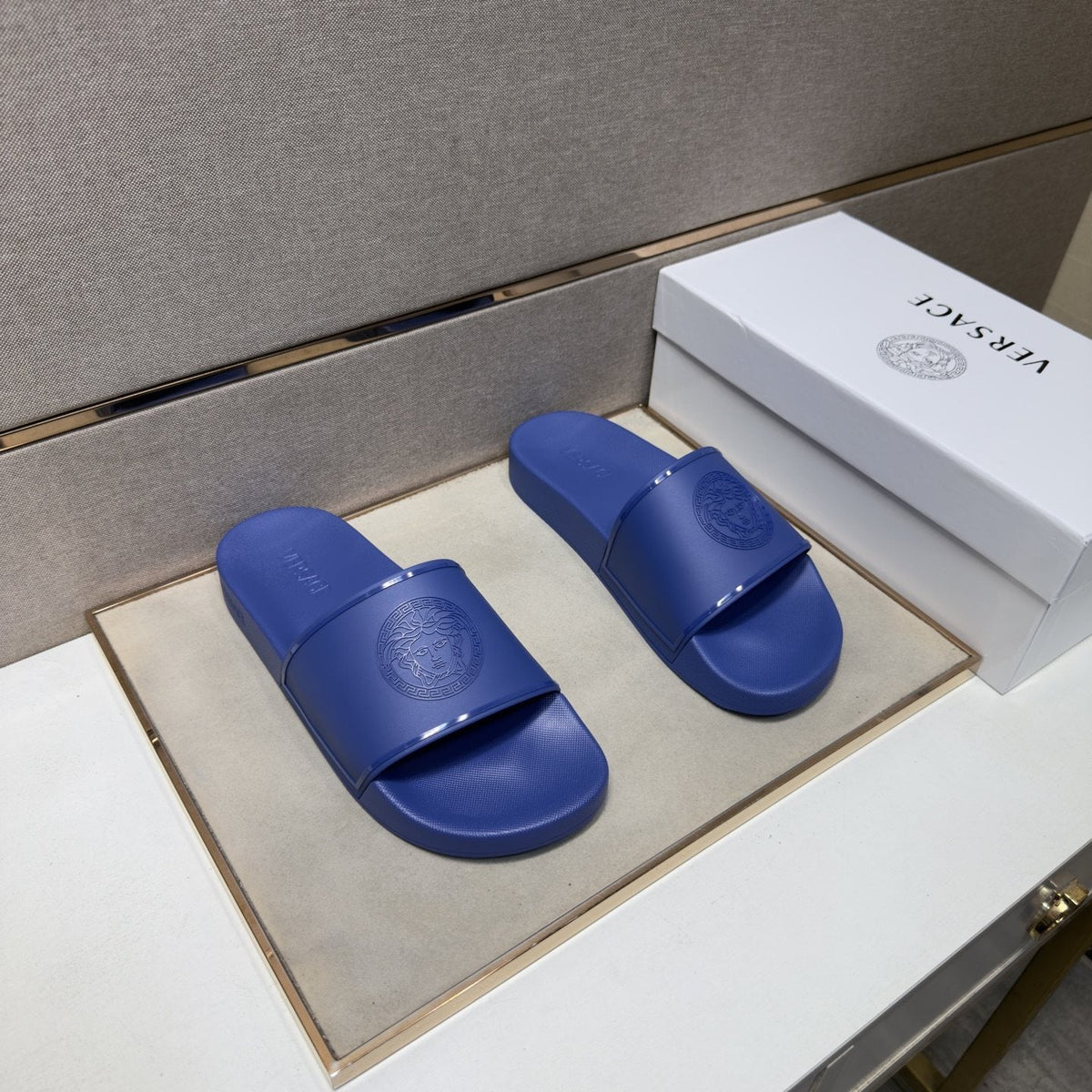 Versace Blue Raised Emblem Slide Sandals