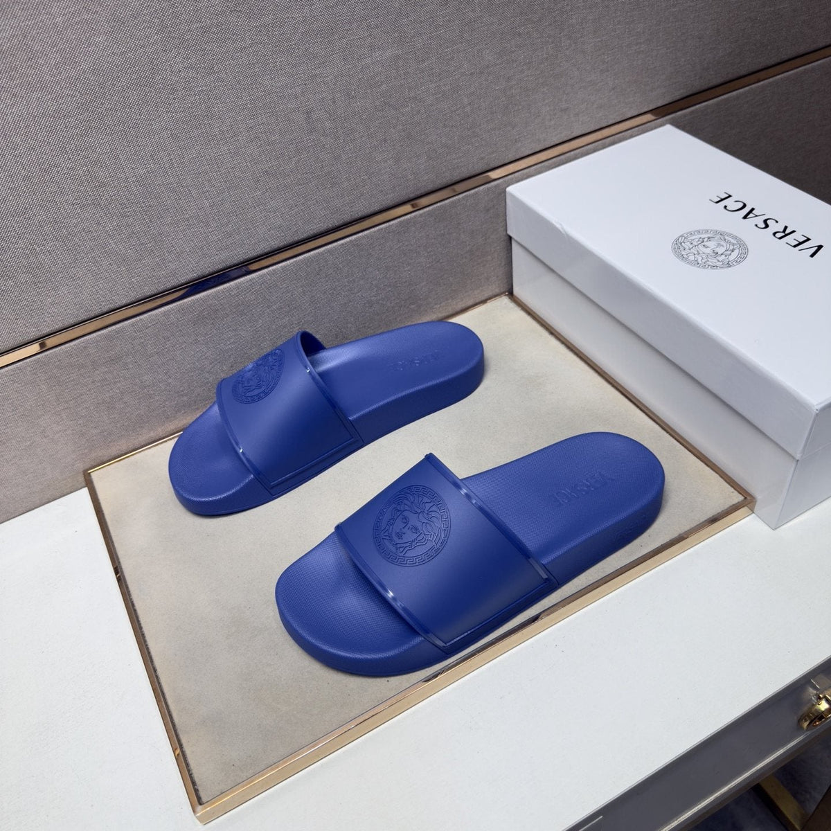 Versace Blue Raised Emblem Slide Sandals