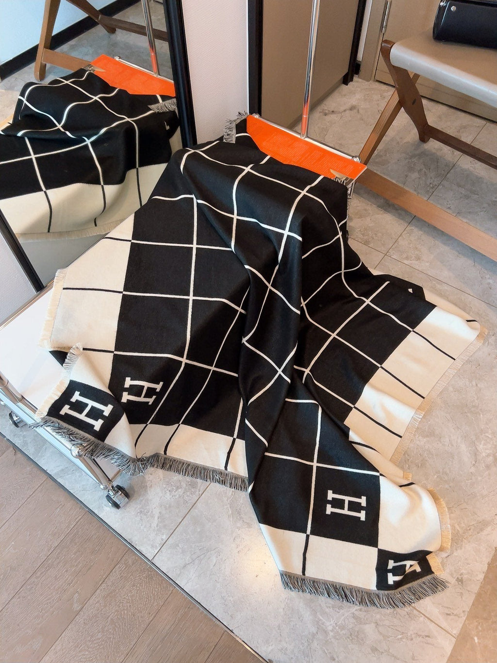 Hermès Black & Ivory Grid Square Scarf