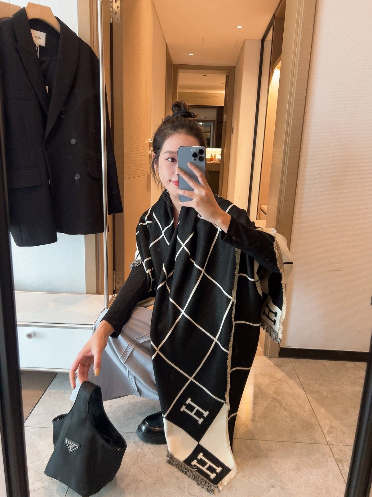 Hermès Black & Ivory Grid Square Scarf
