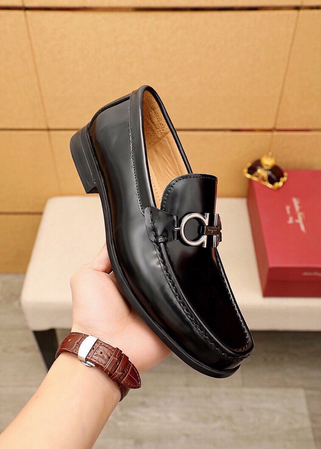 Ferragamo Men's Black Hardware Loafers - Stitched Apron Toe