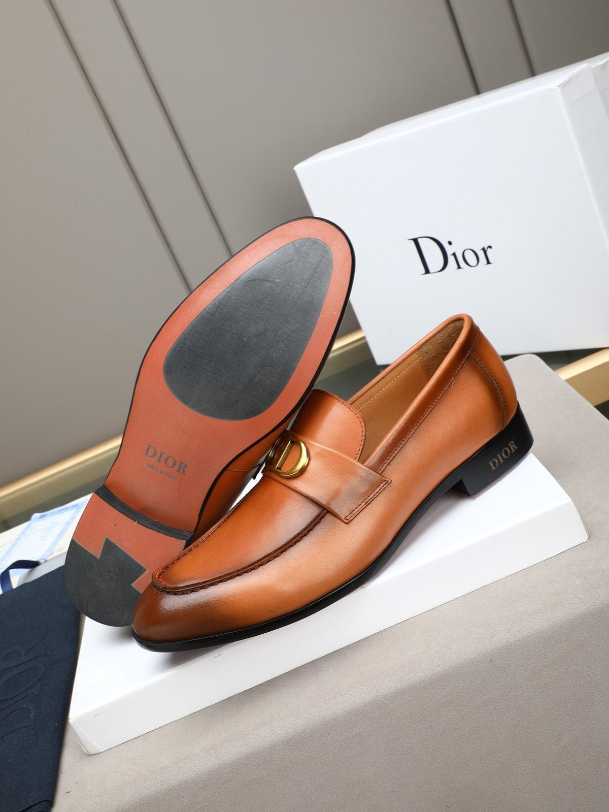 Dior Cognac Brown Gold-Hardware Loafers