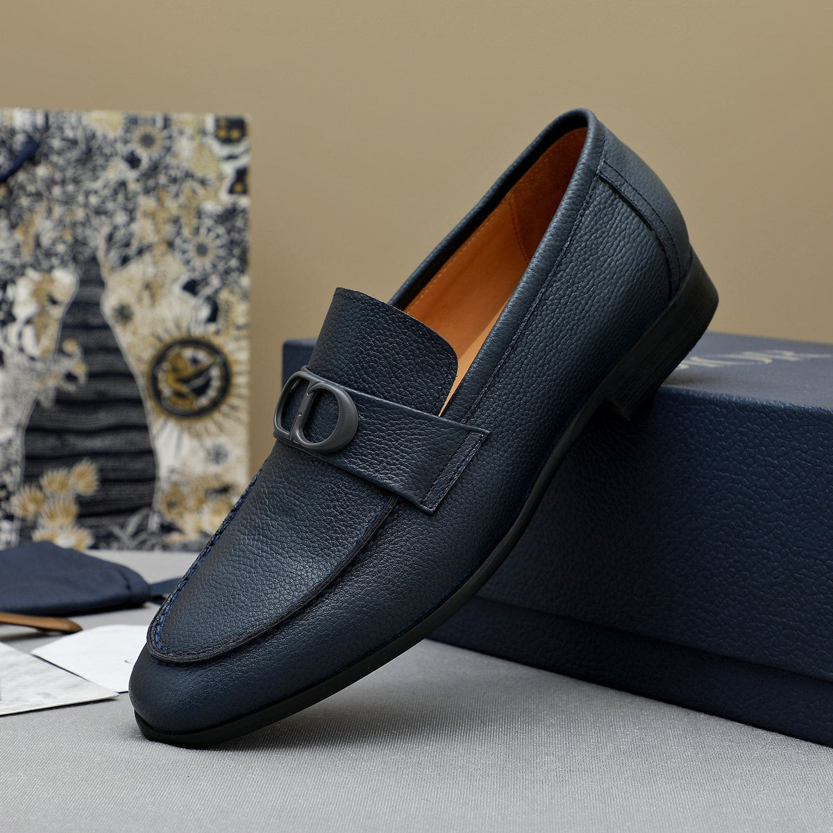 Dior Navy Blue Pebbled Leather Loafers