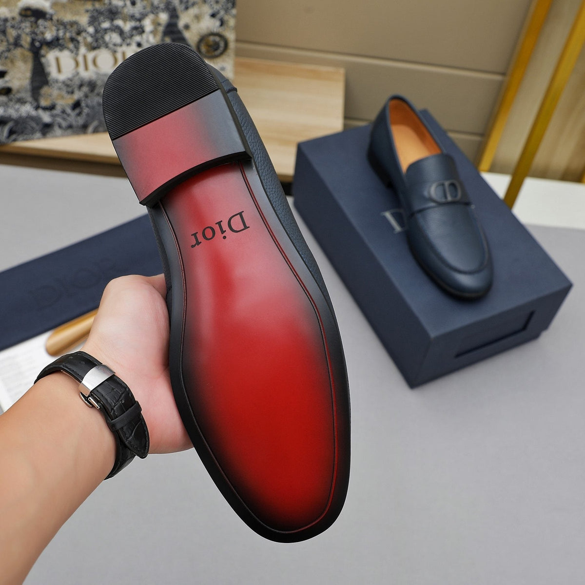 Dior Navy Blue Pebbled Leather Loafers