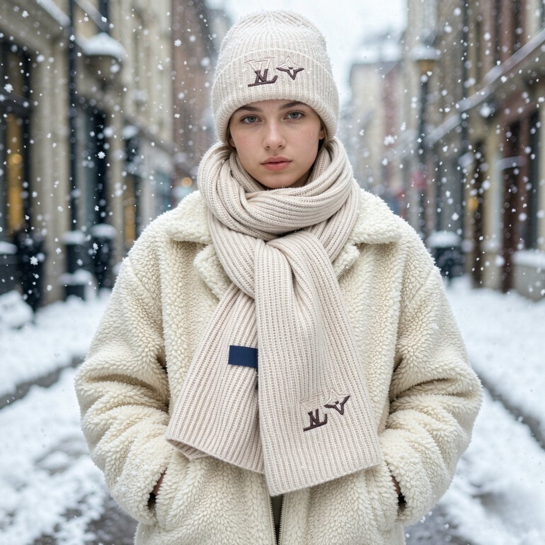 Louis Vuitton Cream Beige Beanie & Scarf Set