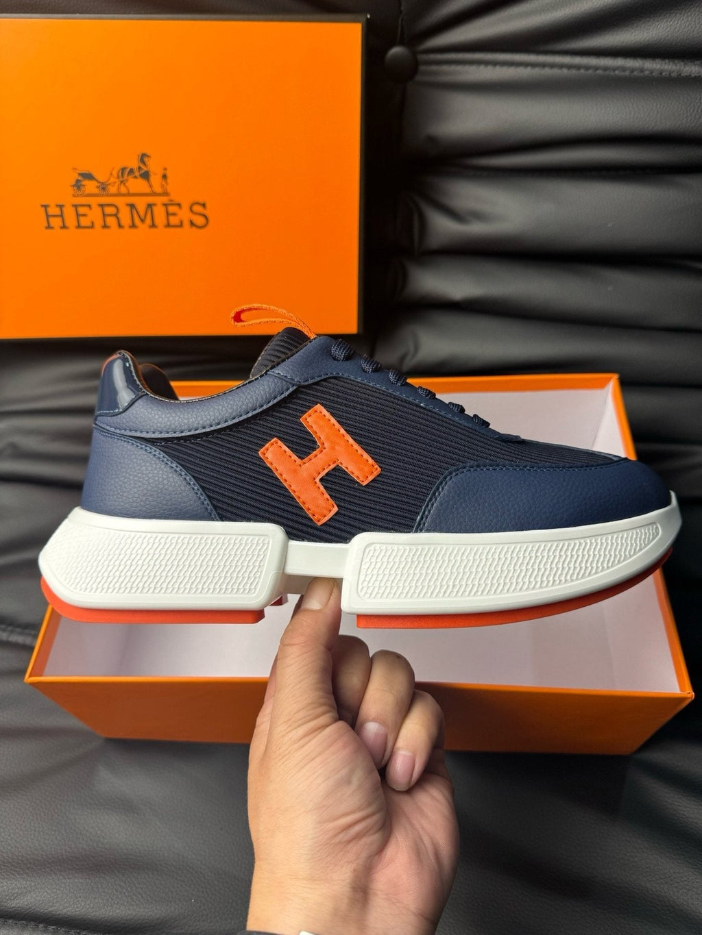 Hermès Navy Orange H-Detail Sneakers
