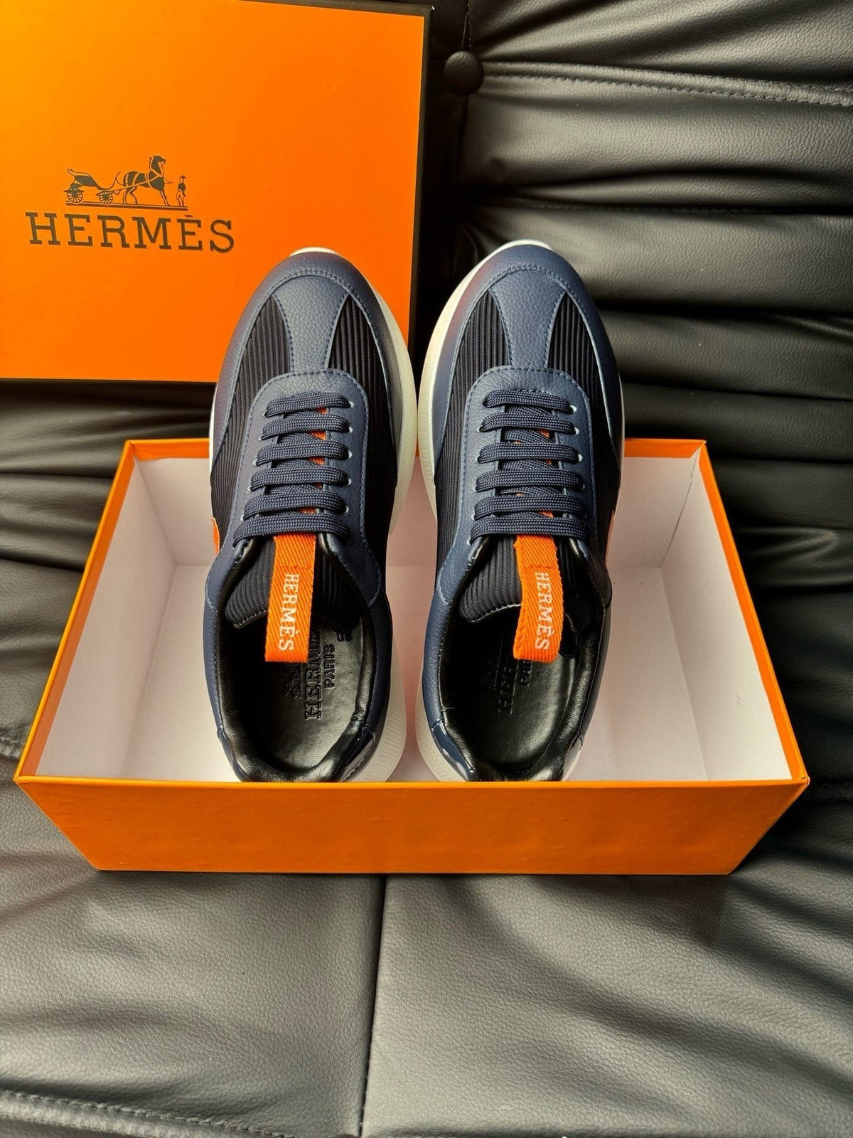 Hermès Navy Orange H-Detail Sneakers