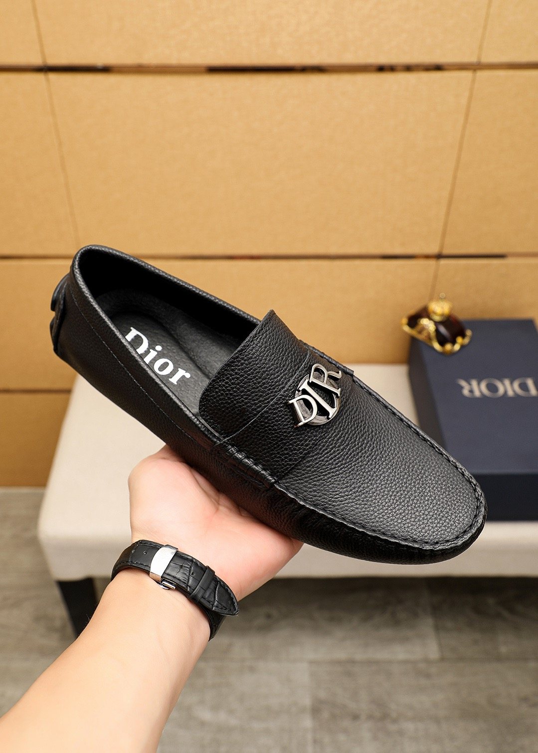 Dior Black Textured Leather Loafers