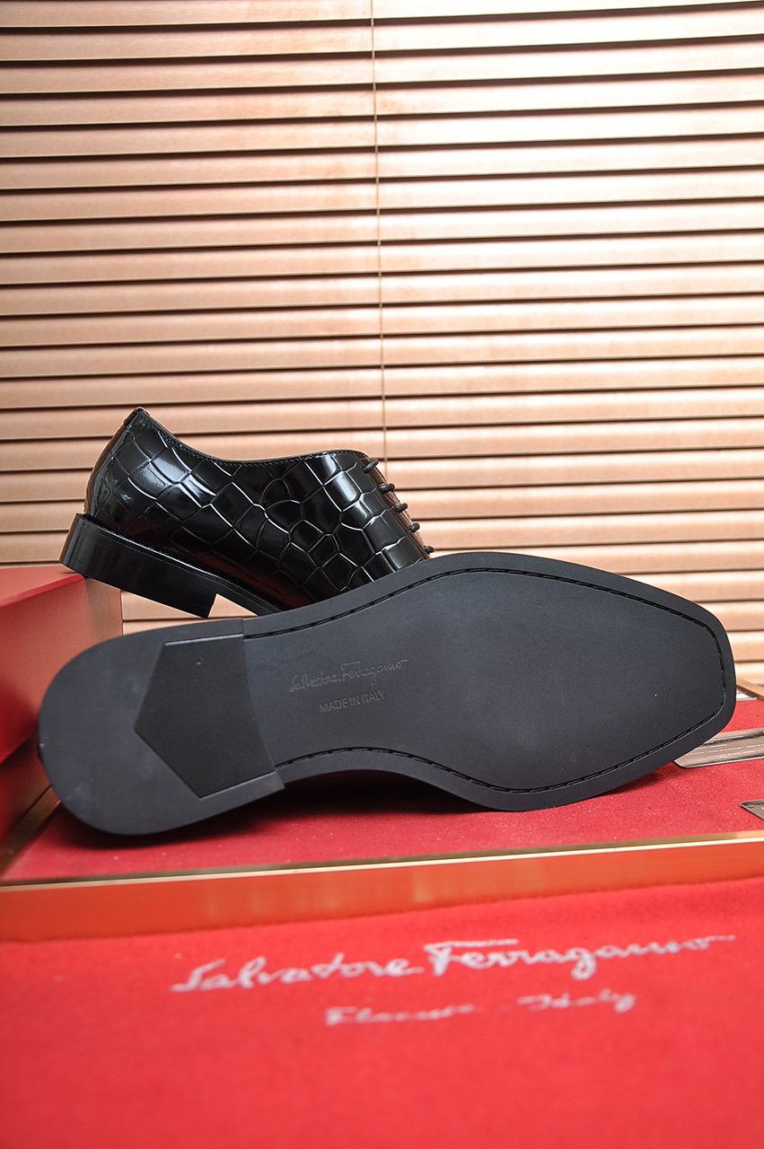 Ferragamo Black Embossed Lace-Up Dress Shoes