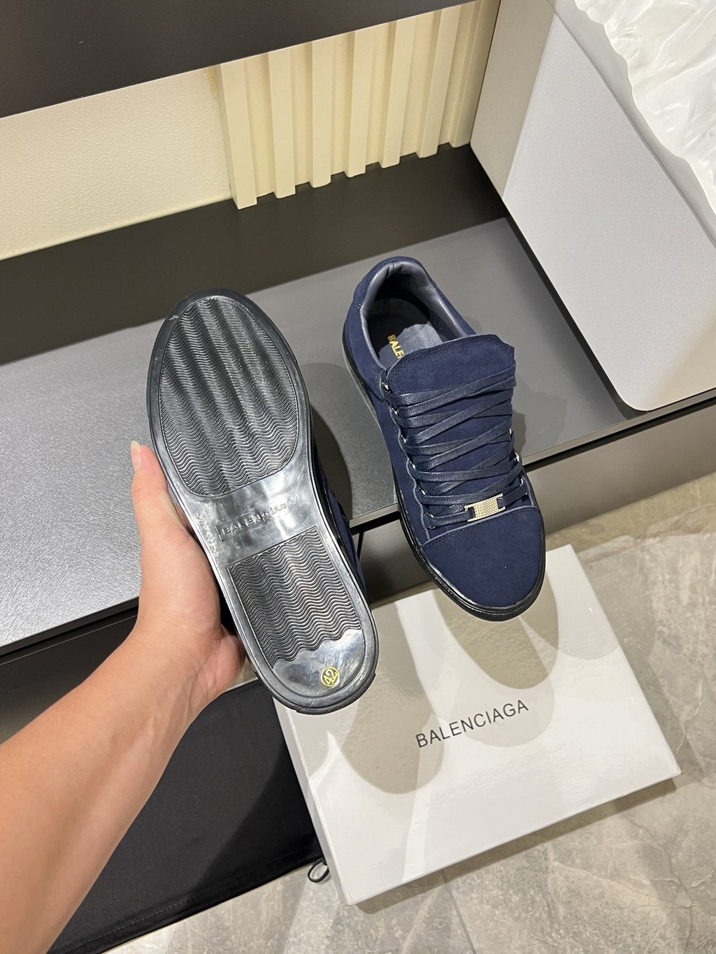 Balenciaga Navy Blue Textured Low-Top Sneakers