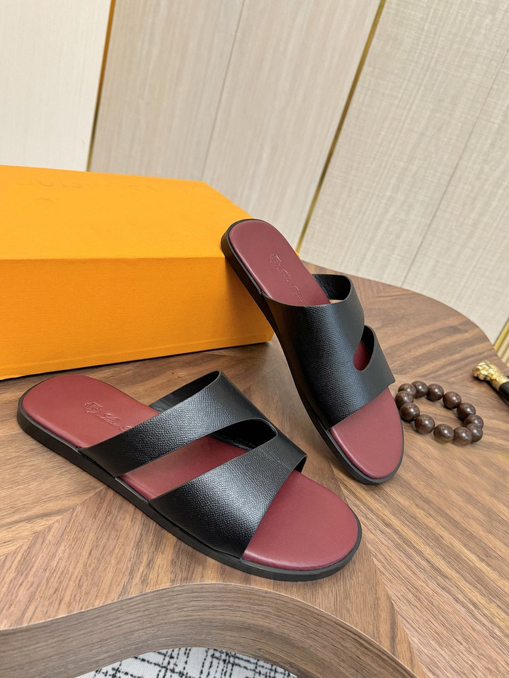 Loro Piana Black and Burgundy Slide Sandals