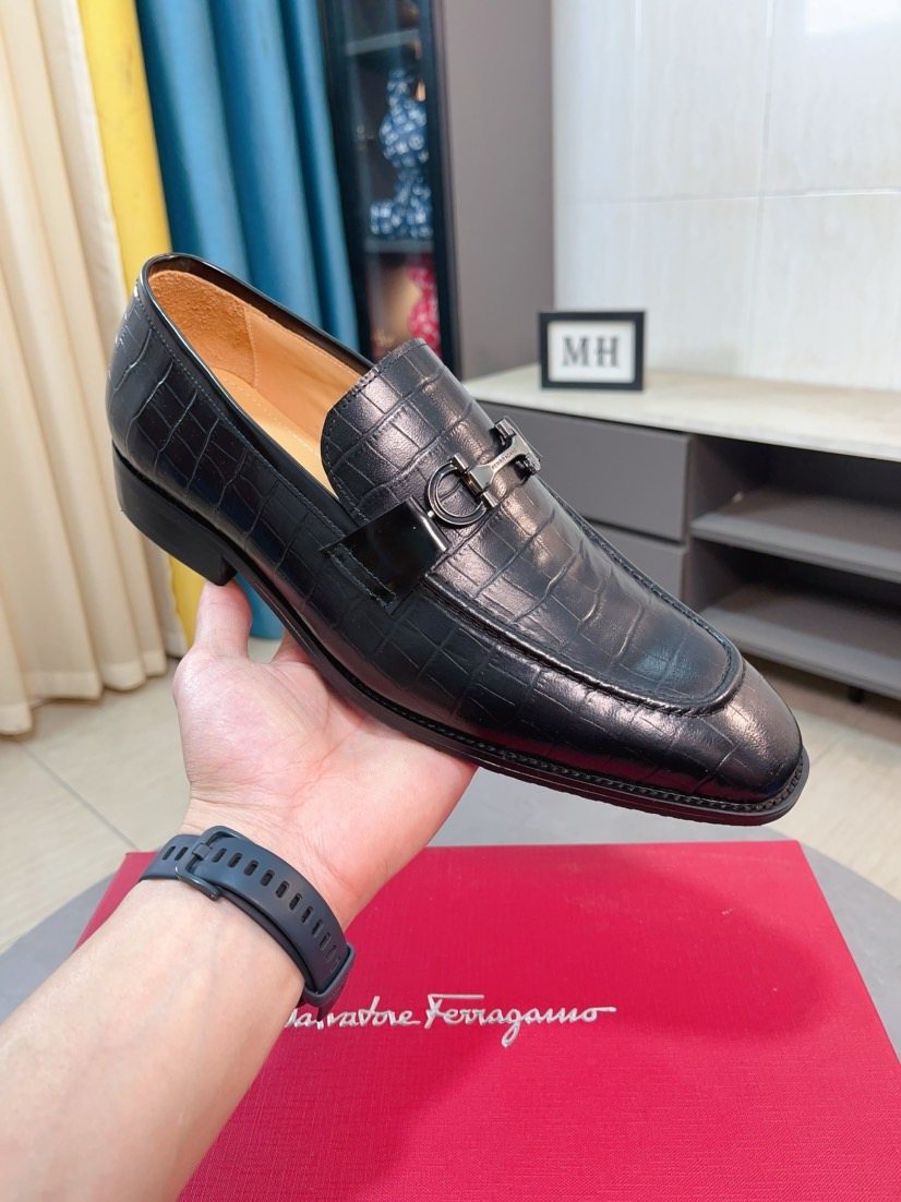 Ferragamo Black Embossed Bit Loafers