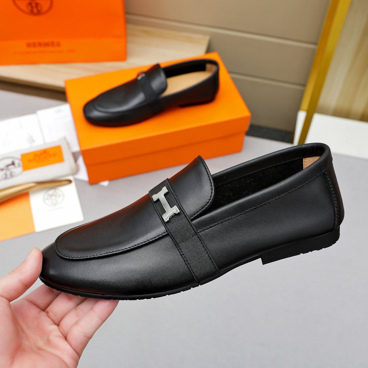 Hermès Black H-Hardware Slip-On Loafers