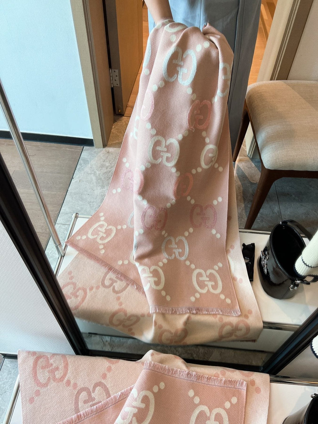 Gucci Beige Brown Ivory Monogram Fringed Scarf