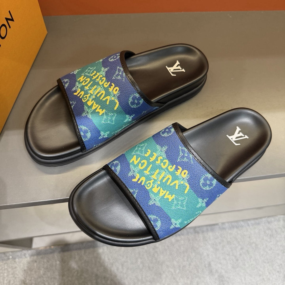 Louis Vuitton Blue Green Patterned Slide Sandals